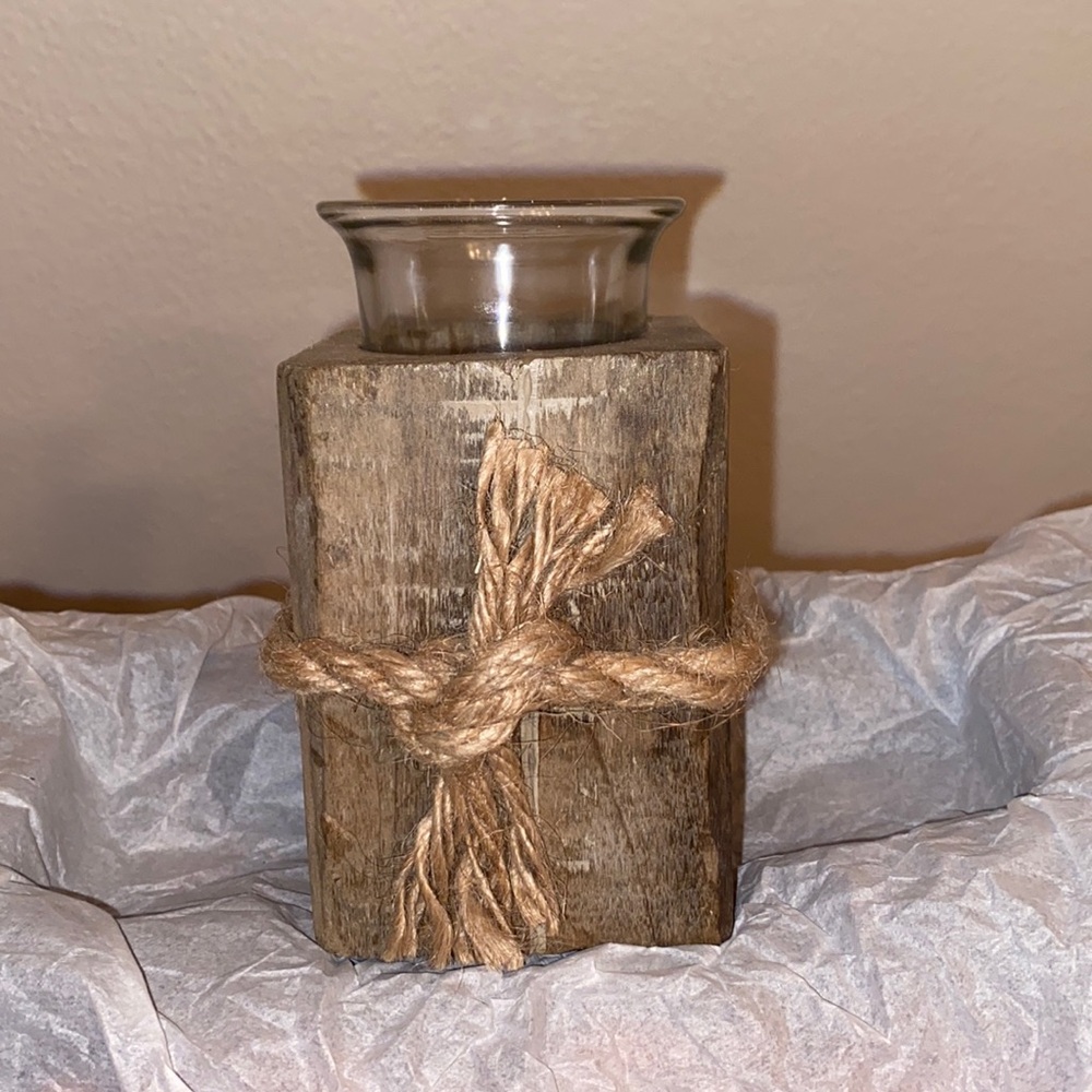 HOBBY LOBBY Rustic Wood & Glass Candle Holder 5.1 in NWT